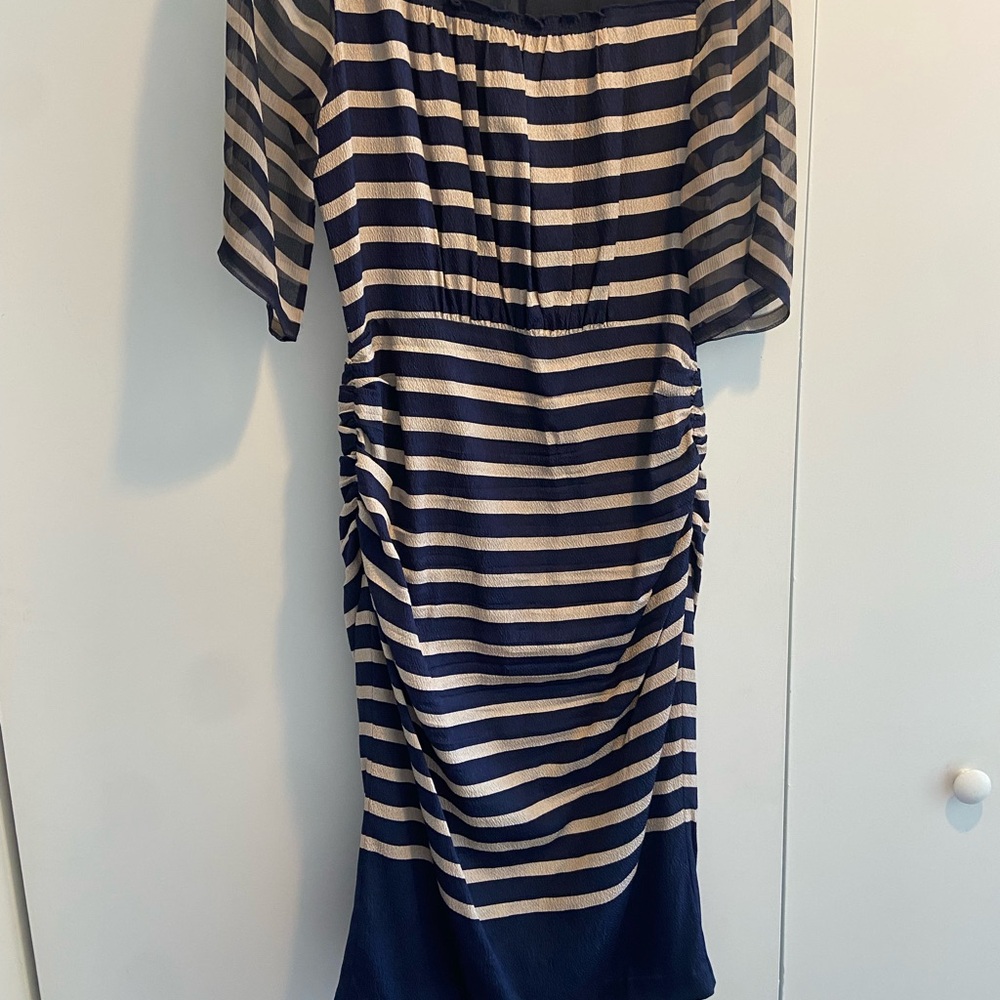 Tracy Reese Blue and Tan Ruched Sheath Dress with 3/4 Dolman Sleeves